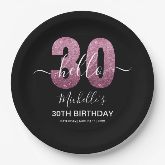 Hello 30! Modern 30th birthday Pink glitter Papieren Bordje (Voorkant)