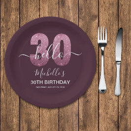 Hello 30! Modern 30th birthday Pink glitter Papieren Bordje