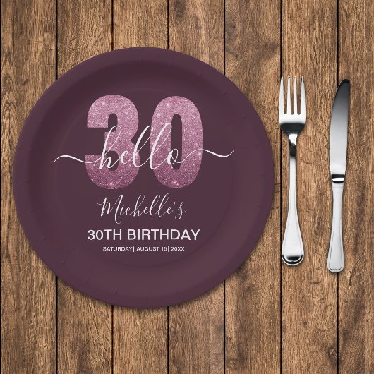 Hello 30! Modern 30th birthday Pink glitter Papieren Bordje