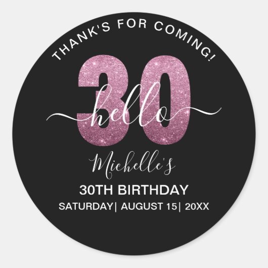 Hello 30! Modern 30th birthday Pink glitter Ronde Sticker (Voorkant)