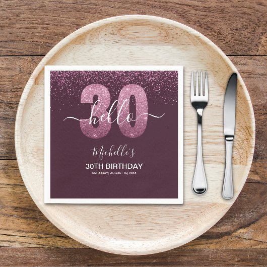 Hello 30! modern 30th birthday with Pink glitter Servet