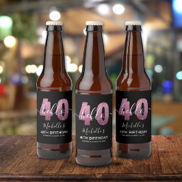 Hello 40! Elegant 40th birthday with Pink glitter Bier Etiket