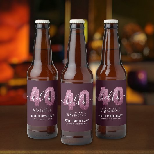 Hello 40! Elegant 40th birthday with Pink glitter Bier Etiket