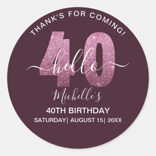 Hello 40! Fun 40th birthday Pink glitter Ronde Sticker (Voorkant)