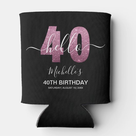 Hello 40! Fun 40th birthday with Pink glitter Blikjeskoeler (Achterkant)