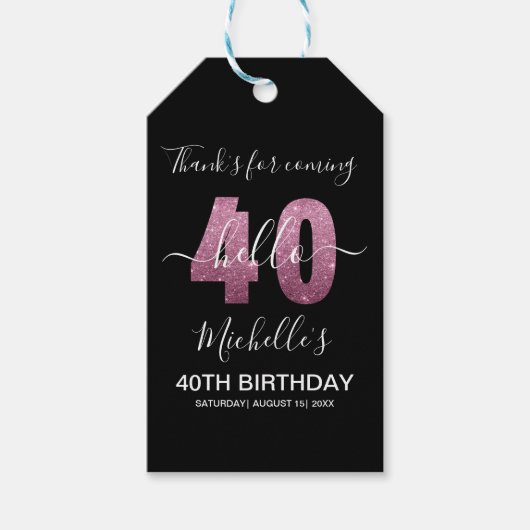Hello 40! Fun 40th birthday with Pink glitter Cadeaulabel (Voorkant)