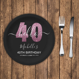 Hello 40! Modern 40th birthday with Pink glitter Papieren Bordje