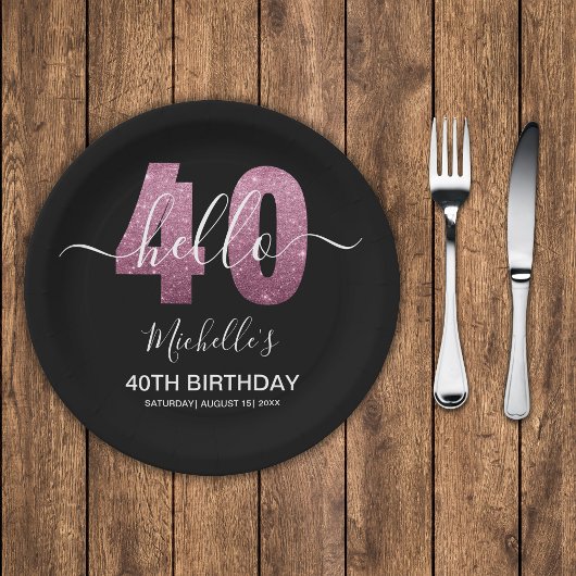Hello 40! Modern 40th birthday with Pink glitter Papieren Bordje