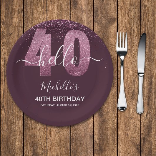 Hello 40! Modern 40th birthday with Pink glitter Papieren Bordje