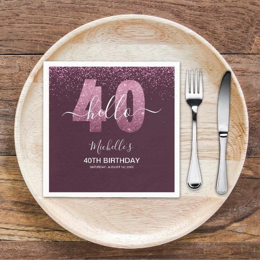 Hello 40! Modern 40th birthday with Pink glitter Servet