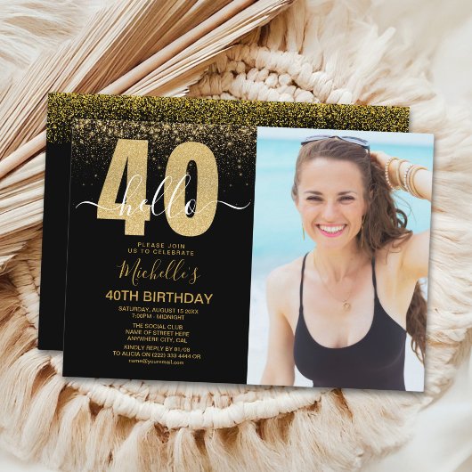 Hello 40 years - Golden glitter  with photo  Kaart