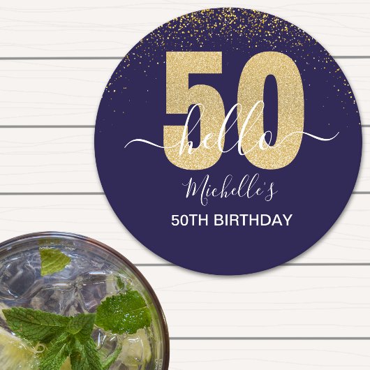 Hello 50! -50th Birthday with Gold Glitter Ronde Kartonnen Onderzetter