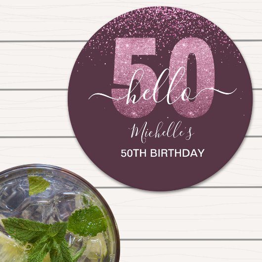 Hello 50! -50th Birthday with Pink glitter Ronde Kartonnen Onderzetter