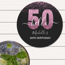 Hello 50! -50th Birthday with Pink glitter Ronde Kartonnen Onderzetter