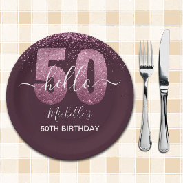 Hello 50! -50th Women's Birthday with Pink glitter Papieren Bordje