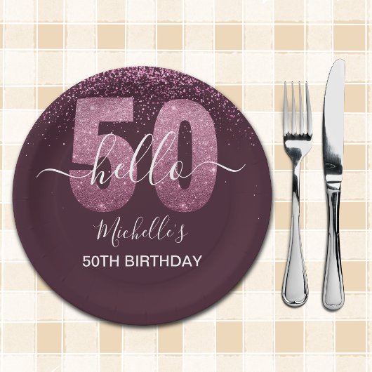 Hello 50! -50th Women's Birthday with Pink glitter Papieren Bordje
