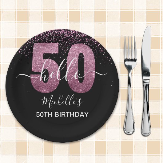 Hello 50! -50th Women's Birthday with Pink glitter Papieren Bordje
