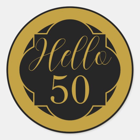 Hello 50 Birthday Black Gold Decorative Border Ronde Sticker (Voorkant)
