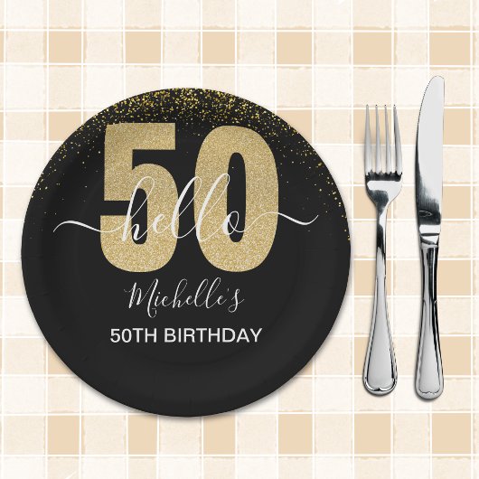 Hello 50! -Elegant 50th Birthday with Gold glitter Papieren Bordje
