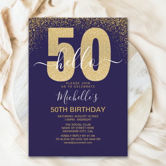 Hello 50! modern 50th birthday with gold glitter kaart