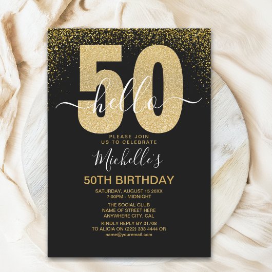 Hello 50! modern 50th birthday with gold glitter kaart