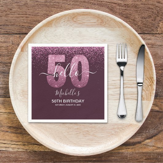 Hello 50! - Modern 50th Birthday with Pink glitter Servet