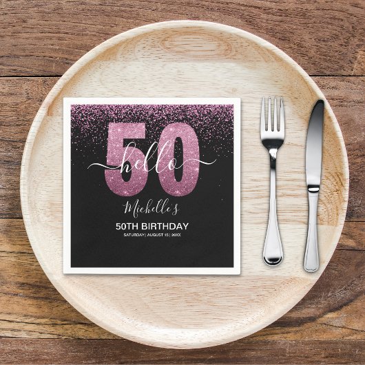 Hello 50! - Modern 50th Birthday with Pink glitter Servet