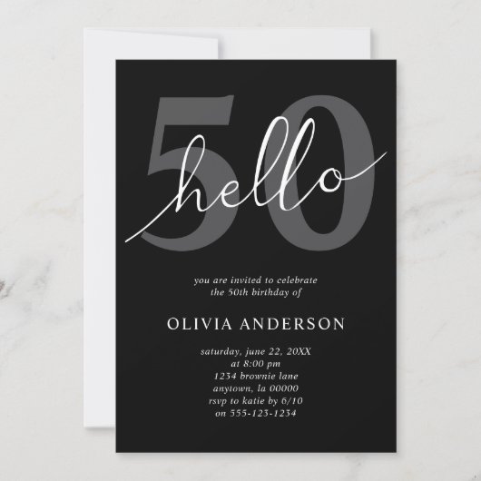 Hello 50 | Modern Chic Black 50th Birthday Party Kaart (Voorkant)