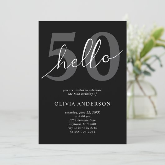 Hello 50 | Modern Chic Black 50th Birthday Party Kaart (Staand voorkant)