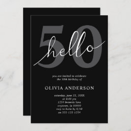 Hello 50 | Modern Chic Black 50th Birthday Party Kaart