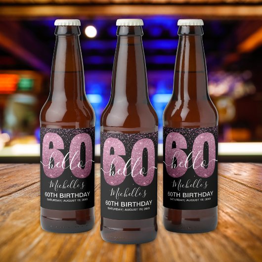 Hello 60! - 60th Birthday Woman with Pink Glitter Bier Etiket