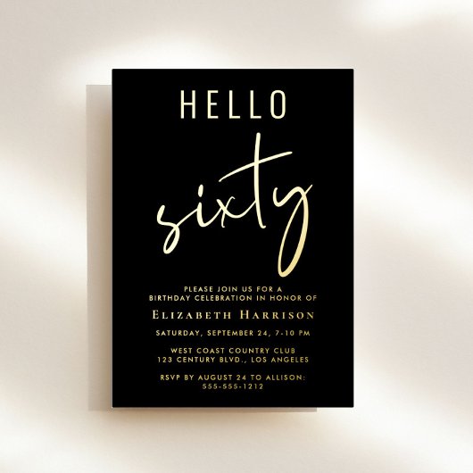 Hello 60 Chic Black 60th Birthday Party Gold Folie Uitnodiging