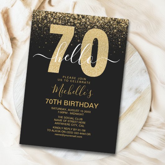 Hello 70! modern 70th birthday with gold glitter kaart