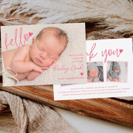 Hello and Thank You Pink Birth Announcement Aankondiging