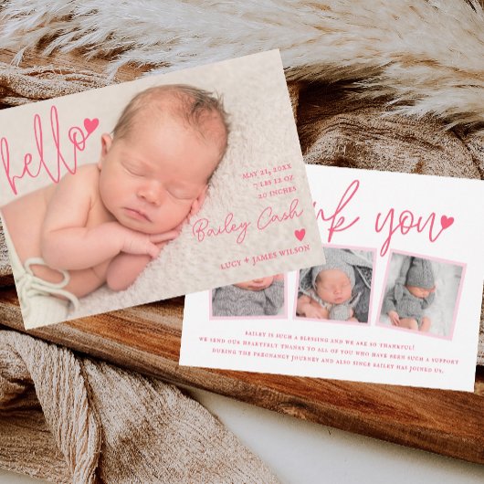 Hello and Thank You Pink Birth Announcement Aankondiging