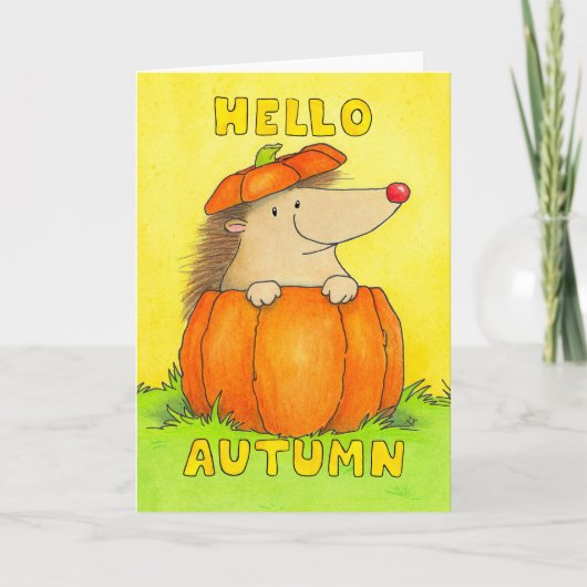 Hello Autumn Hedgehog in Pumpkin Greeting Kaart (Voorkant)