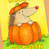 Hello Autumn Hedgehog in Pumpkin Greeting Kaart