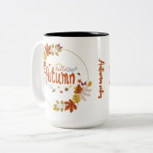 Hello Autumn with Leaf Design Tweekleurige Koffiemok (Voorkant links)