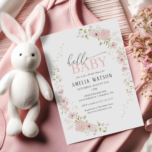Hello Baby Blush Pink Floral Baby Shower Kaart