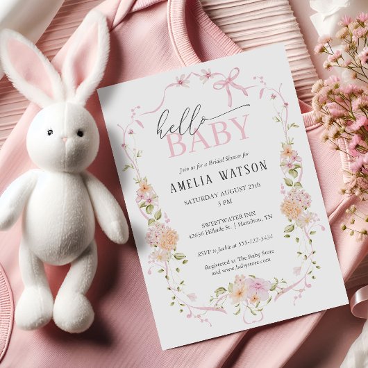 Hello Baby Blush Pink Floral Pink Bow Baby Shower Kaart