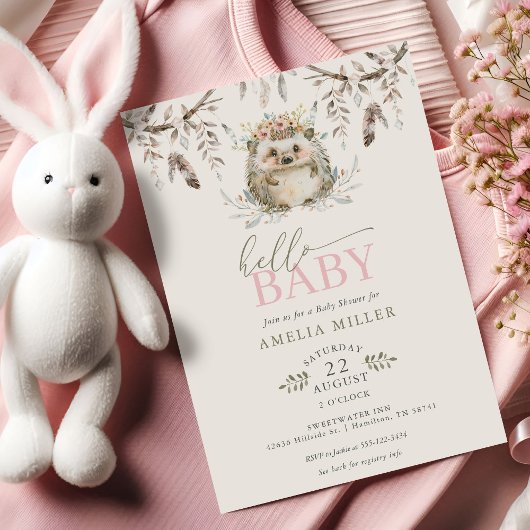 Hello Baby Boho Hedgehog Girl Baby Shower Kaart
