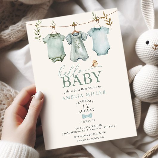 Hello Baby Boy Clothesline Boho Baby Shower Kaart
