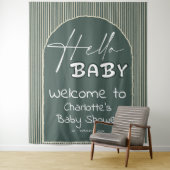 Hello Baby Dark Green Stripes Baby Shower Backdrop Wandkleed (In situ)