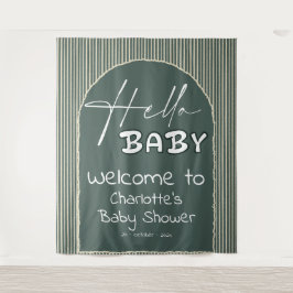 Hello Baby Dark Green Stripes Baby Shower Backdrop Wandkleed