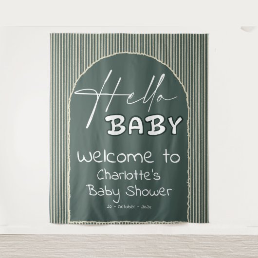 Hello Baby Dark Green Stripes Baby Shower Backdrop Wandkleed (Voorkant)