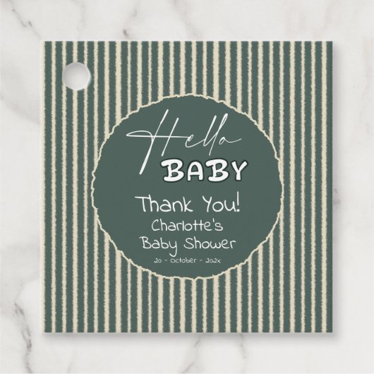 Hello Baby Dark Green Stripes Baby Shower Bedankjes Labels (Voorkant)