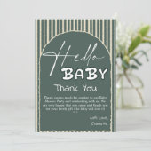 Hello Baby Dark Green Stripes Baby Shower Bedankkaart (Staand voorkant)