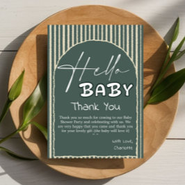 Hello Baby Dark Green Stripes Baby Shower Bedankkaart