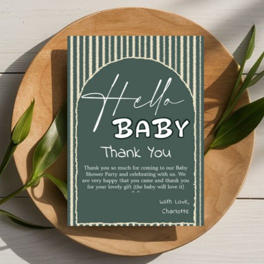 Hello Baby Dark Green Stripes Baby Shower Bedankkaart
