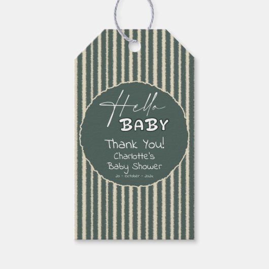 Hello Baby Dark Green Stripes Baby Shower Cadeaulabel (Voorkant)